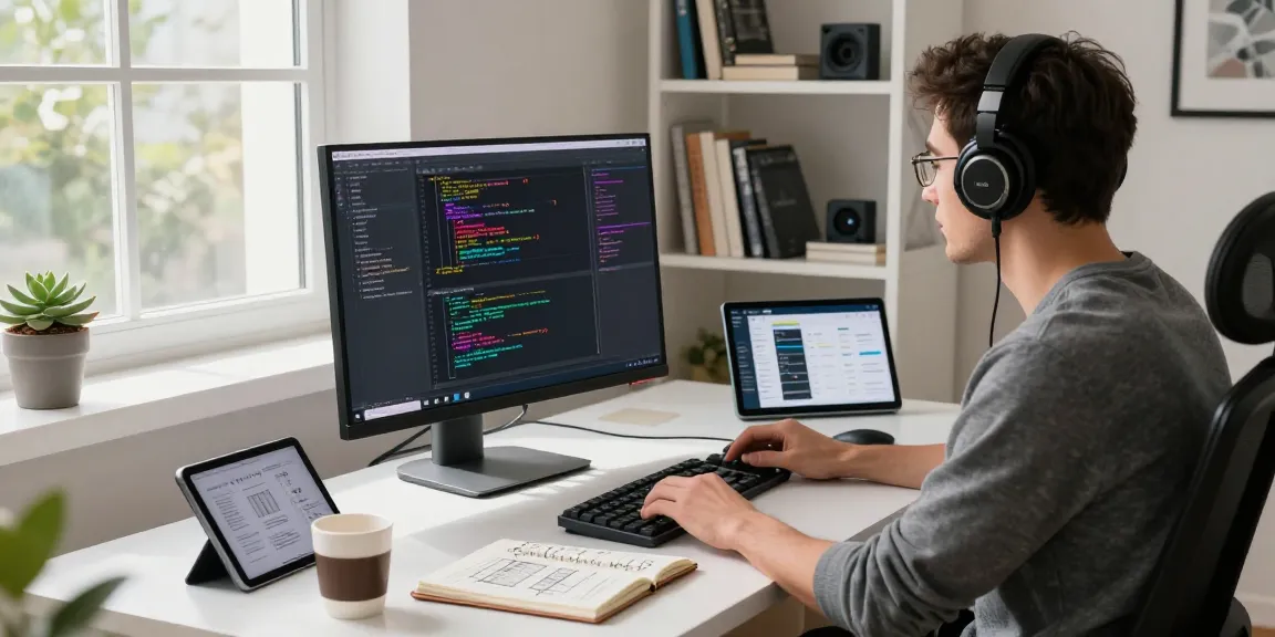 Developer coding at a sleek workspace, showcasing innovative software solutions at teiegramin.com