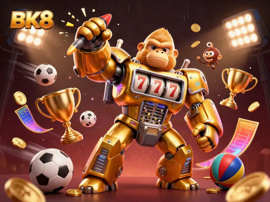 Engage in action with BK8, featuring a golden mech and flying sports elements in an exhilarating casino setting.