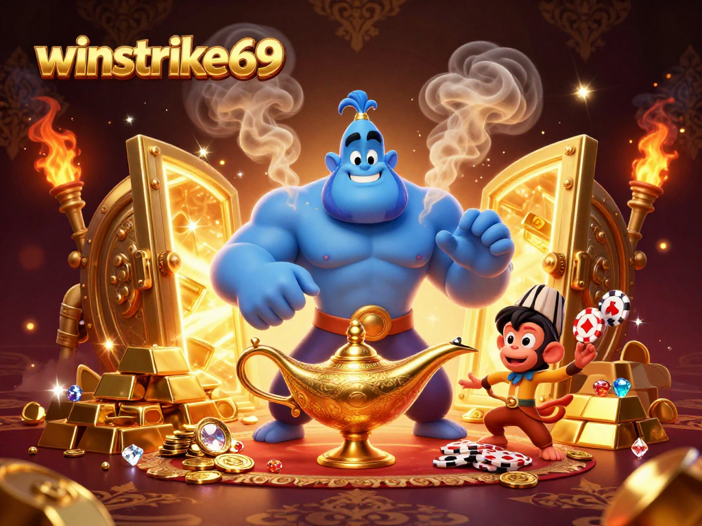 Engage in the excitement of winstrike69 with a vibrant fantasy scene of a genie, monkey, and poker chips.