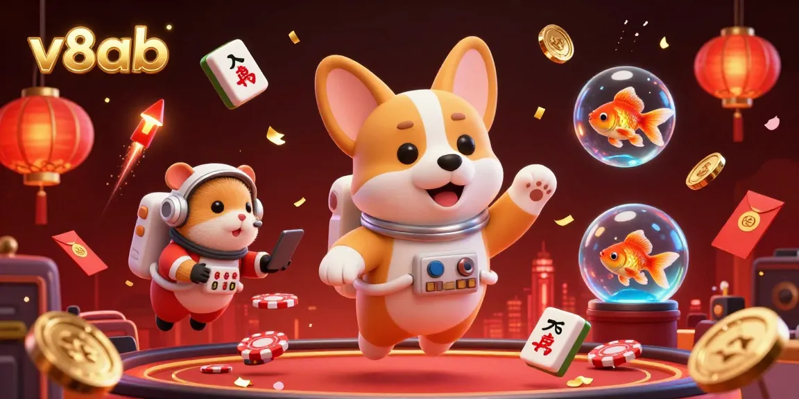 Win at v8ab with a 3D corgi astronaut in a floating casino surrounded by poker chips and festive elements.