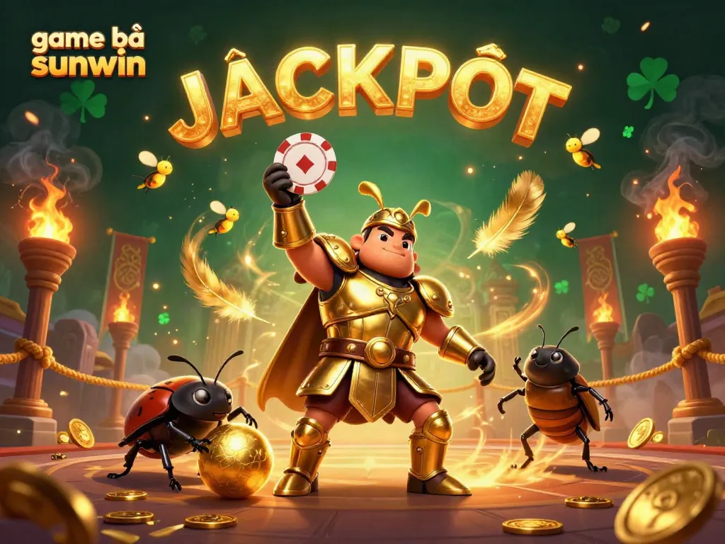 Winning in game bài sunwin with a cartoon beetle hero in a dynamic casino scene.