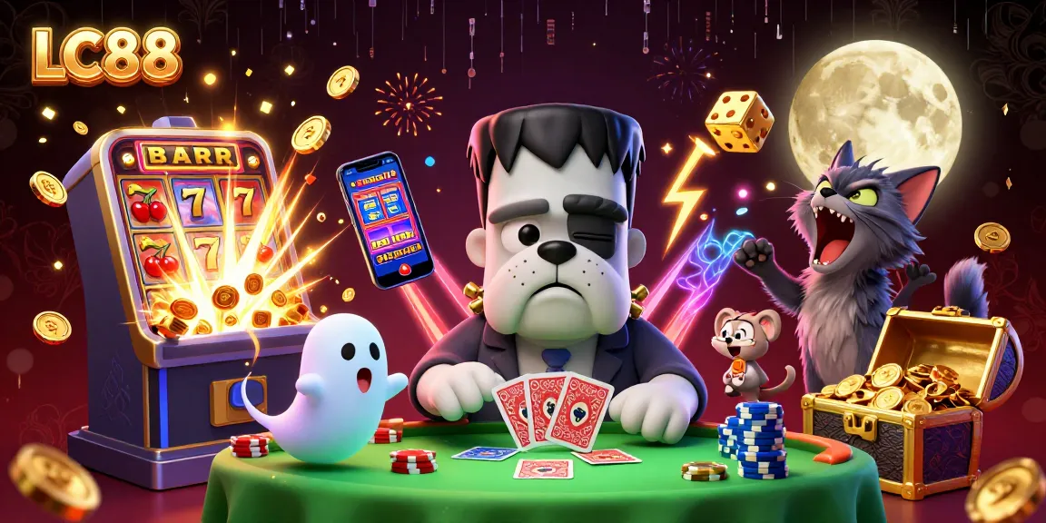 Experience thrilling gaming at LC88 with a vibrant casino scene featuring dynamic characters and energetic elements.
