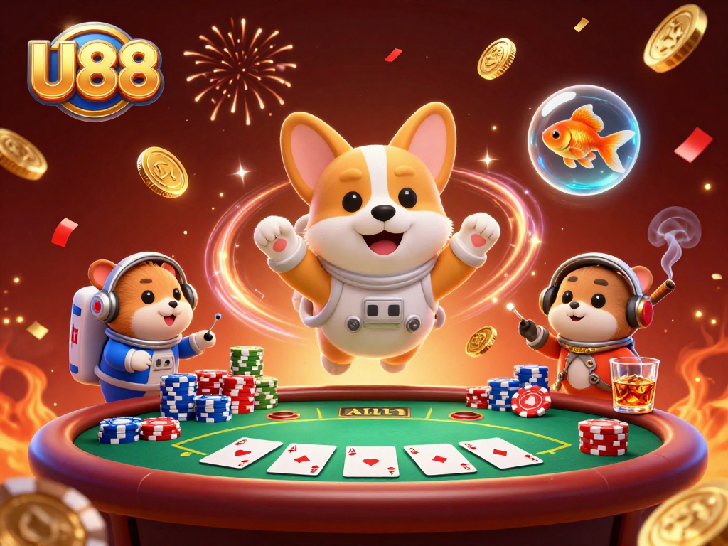 Experience the joy of winning with U88 in an immersive casino scene featuring energetic characters.