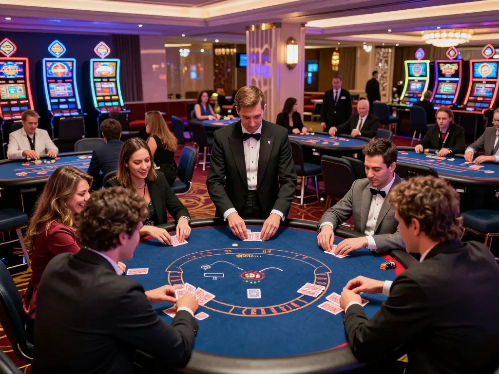 Players strategizing at the poker tables in a luxurious b52 casino atmosphere, celebrating wins and engaging in lively gameplay.