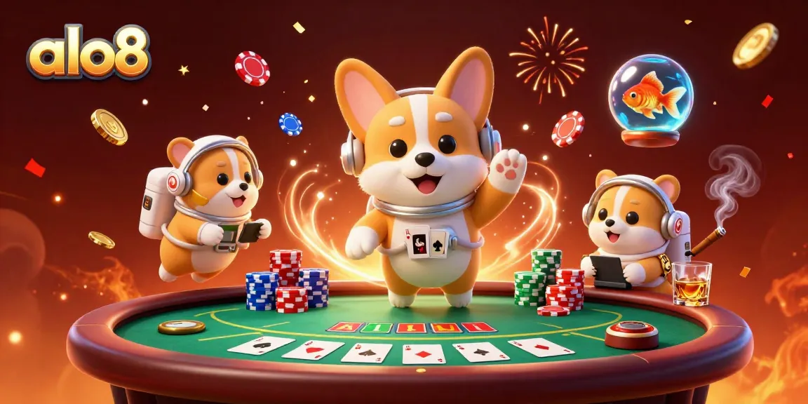 Experience the excitement at alo8 with the astronaut corgi floating in a space casino filled with poker elements.