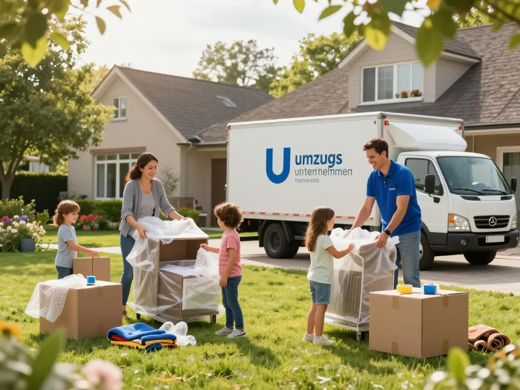 Stressfreies Umzugsunternehmen Hannover-Szenario mit Familie beim Packen und Umzugswagen.
