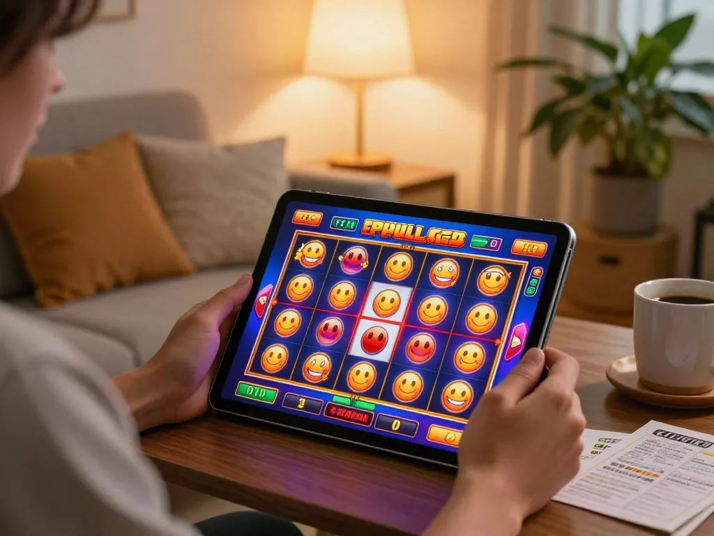 Engaging gameplay on slot pulsa displayed on tablet in cozy home environment