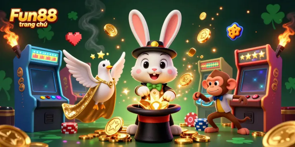 Experience the excitement of Fun88 trang chủ with animated characters like a magician rabbit and a dove in an energetic casino setting.
