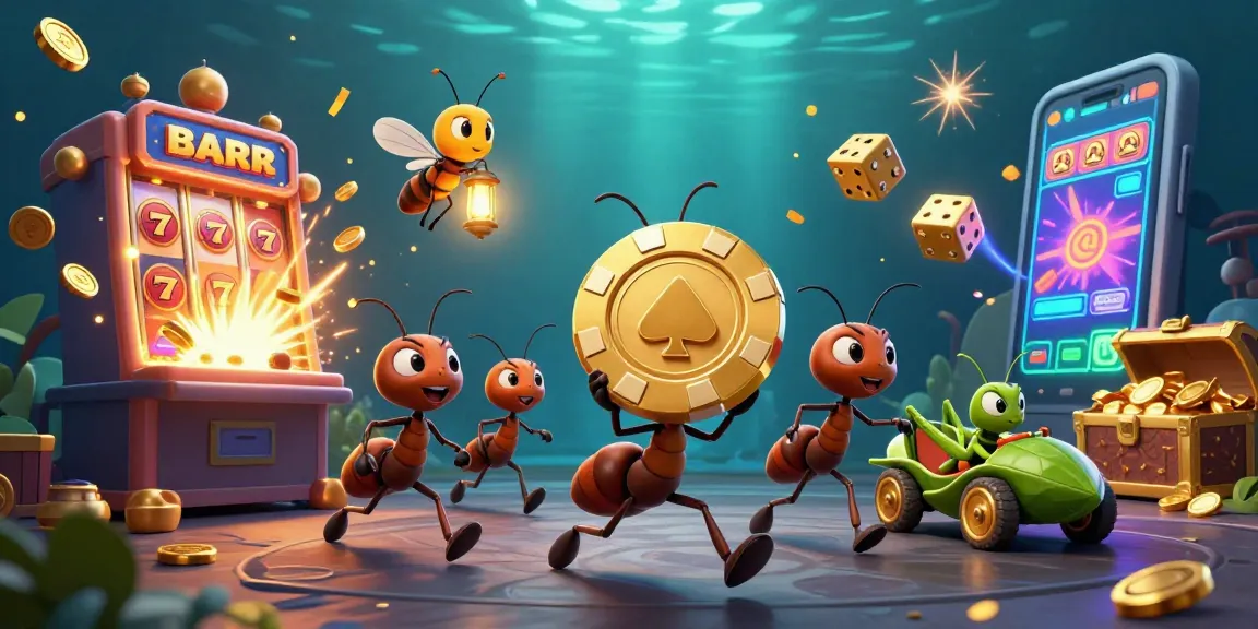 BJ888 đá gà team of ants heist with golden poker chip amidst casino elements