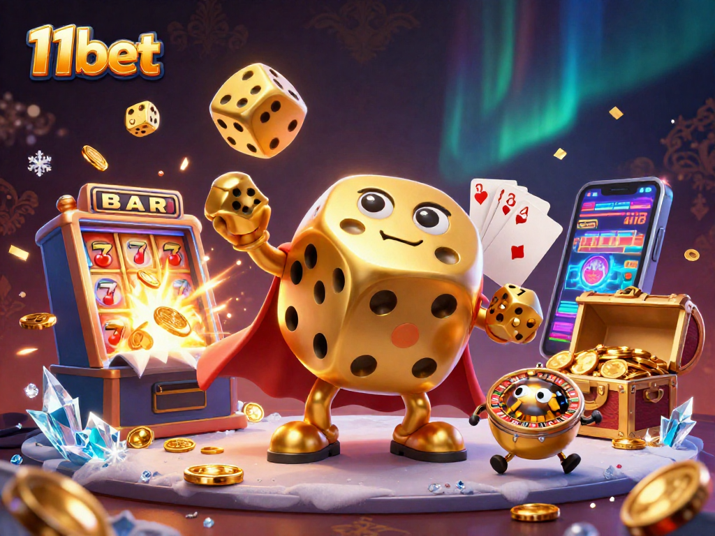 Experience thrilling gaming action at 11bet with vibrant casino-style illustration of dice and slots