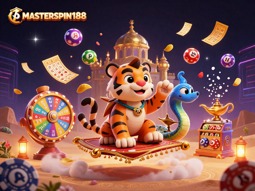 Engage with games at MASTERSPIN188 featuring a magical sultan and vibrant lottery elements.