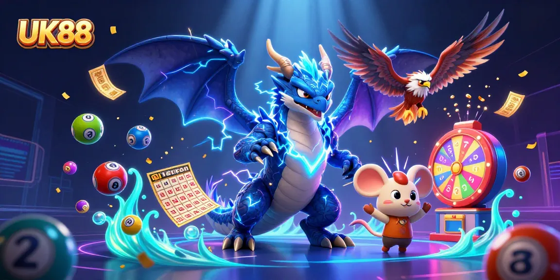 Experience the thrill of winning with UK88's vibrant casino illustration, combining dynamic lottery games and energetic characters.