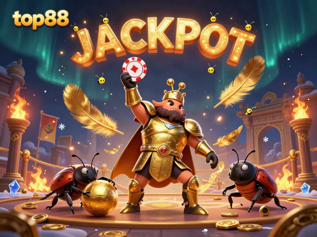 Experience the thrill of top88 with a victorious hercules beetle in gladiator armor lifting a poker chip.