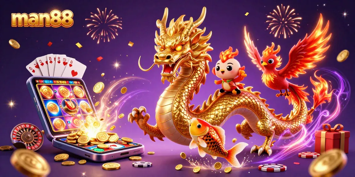 Experience man88's thrilling gaming adventure with a golden dragon, phoenix, and koi fish amidst casino excitement.