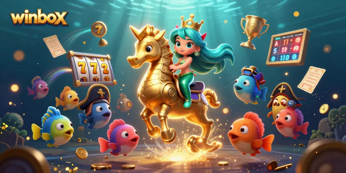 Winbox casino illustration featuring a vibrant 3D mermaid, seahorse, and slot games, capturing excitement.