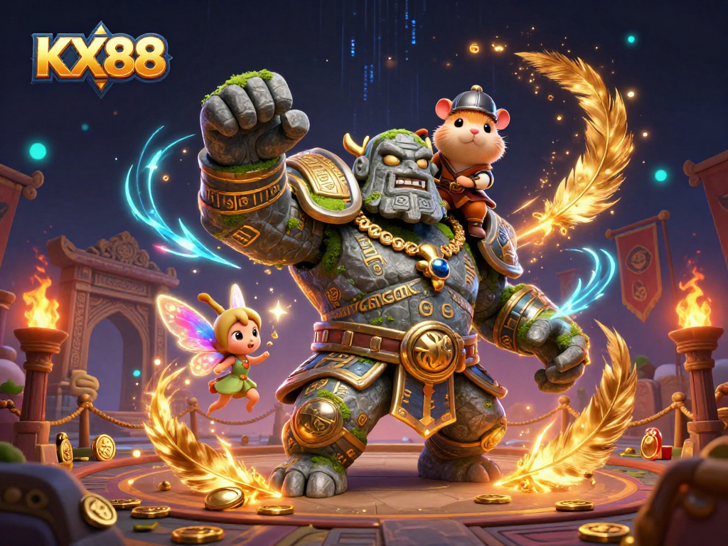 KX88 showcases an epic scene with a golem guardian, fairy, and hamster knight in a vibrant casino atmosphere.