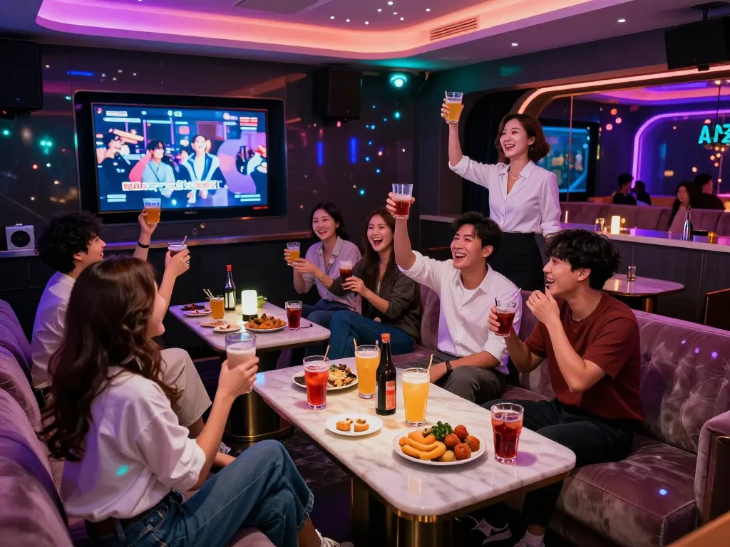 친구들과 함께 호화로운 가라오케룸에서 강남가라오케의 활기찬 밤을 즐기고 있습니다.
