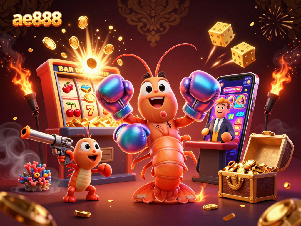 Win big at ae888 with an epic slot jackpot scene featuring vibrant characters and casino elements.