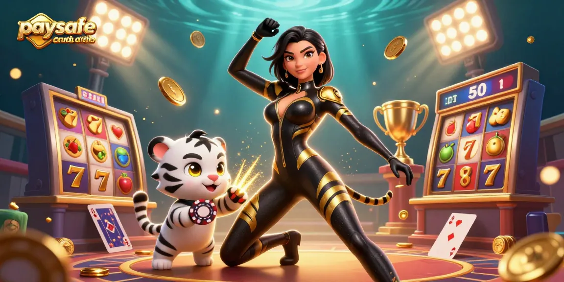 Erleben Sie den Nervenkitzel des Paysafe Card Casinos mit einer lebhaften 3D-Szene, die Spielautomaten und einen verspielten Tiger zeigt.