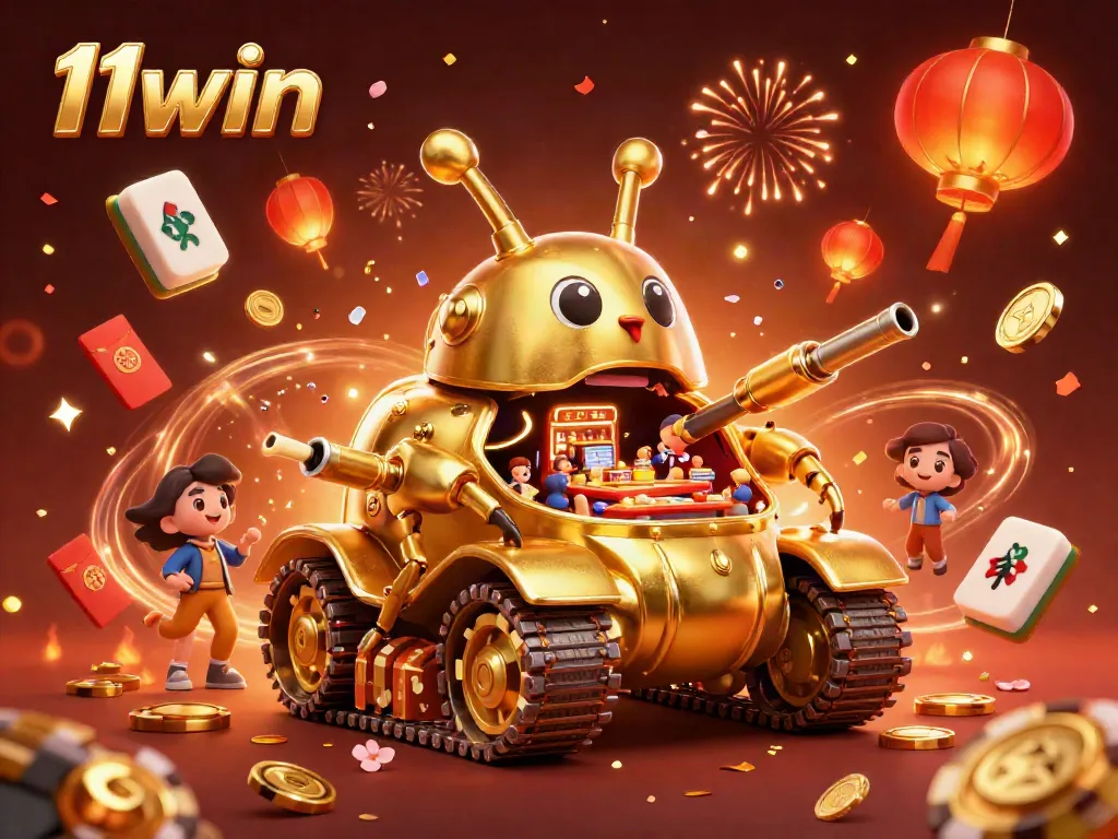 Experience the excitement of 11win with its vibrant casino-themed celebration featuring a golden beetle tank and lively gaming elements.