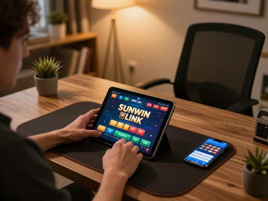 Sit back and enjoy SUNWIN LINK online casino games on a tablet in a cozy home setup
