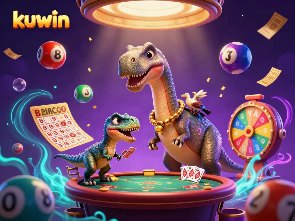 Kuwin engages players with lively casino elements, featuring a giant brontosaurus and dynamic lottery scene.