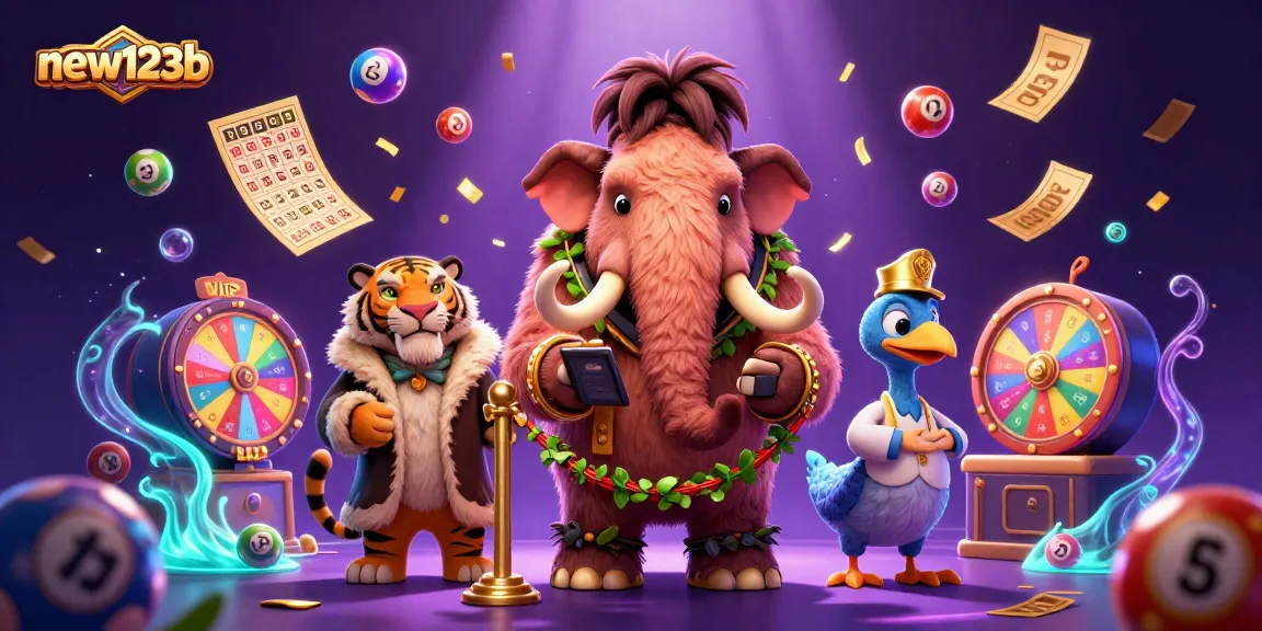Experience the thrill at new123b with a colorful and dynamic casino scene featuring unique characters.