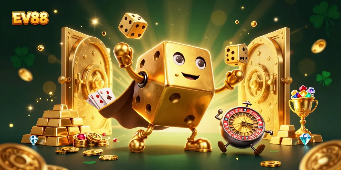 Experience the excitement of EV88 as golden dice and jewels illuminate the scene, showcasing online casino thrills.