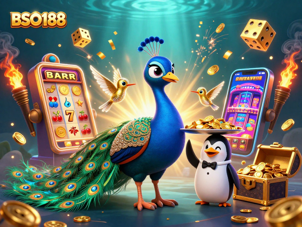 Join the fun at BSO188 with a lively casino scene featuring exciting slot machines and animated characters.