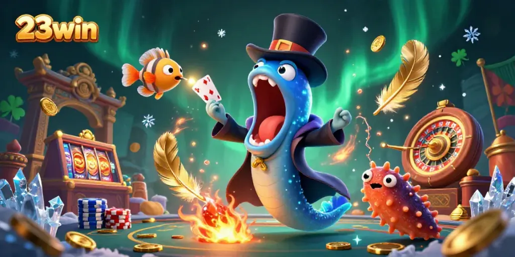 Engaging 3D illustration showcasing the vibrant world of 23win, highlighting its casino offerings with bioluminescent characters.