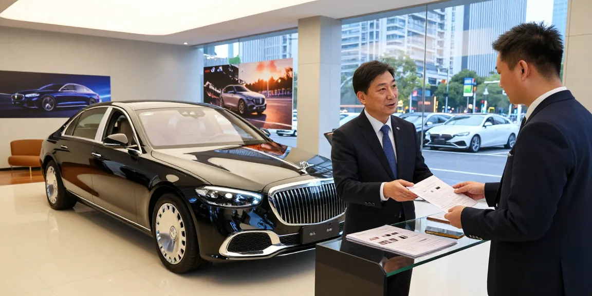 Sewa mobil mewah LUXURY 777 di ruang pamer modern dengan pelanggan dan perwakilan penjualan.