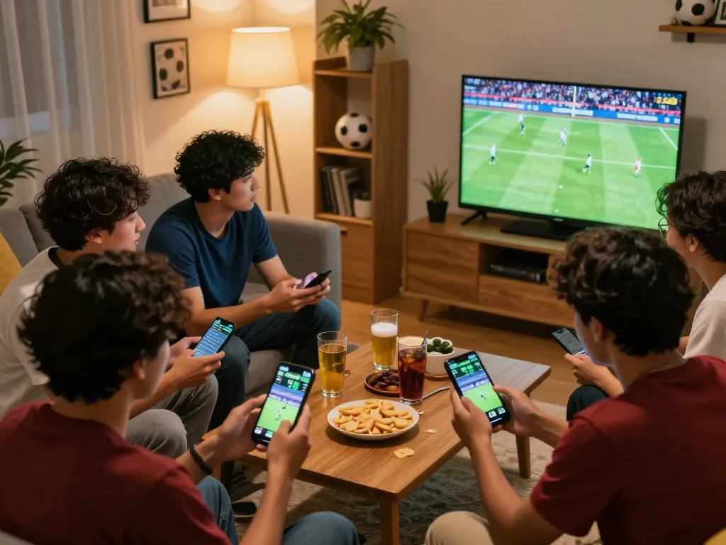 Friends placing bets on soccer matches using keonhacai mobile apps during an exciting game night.
