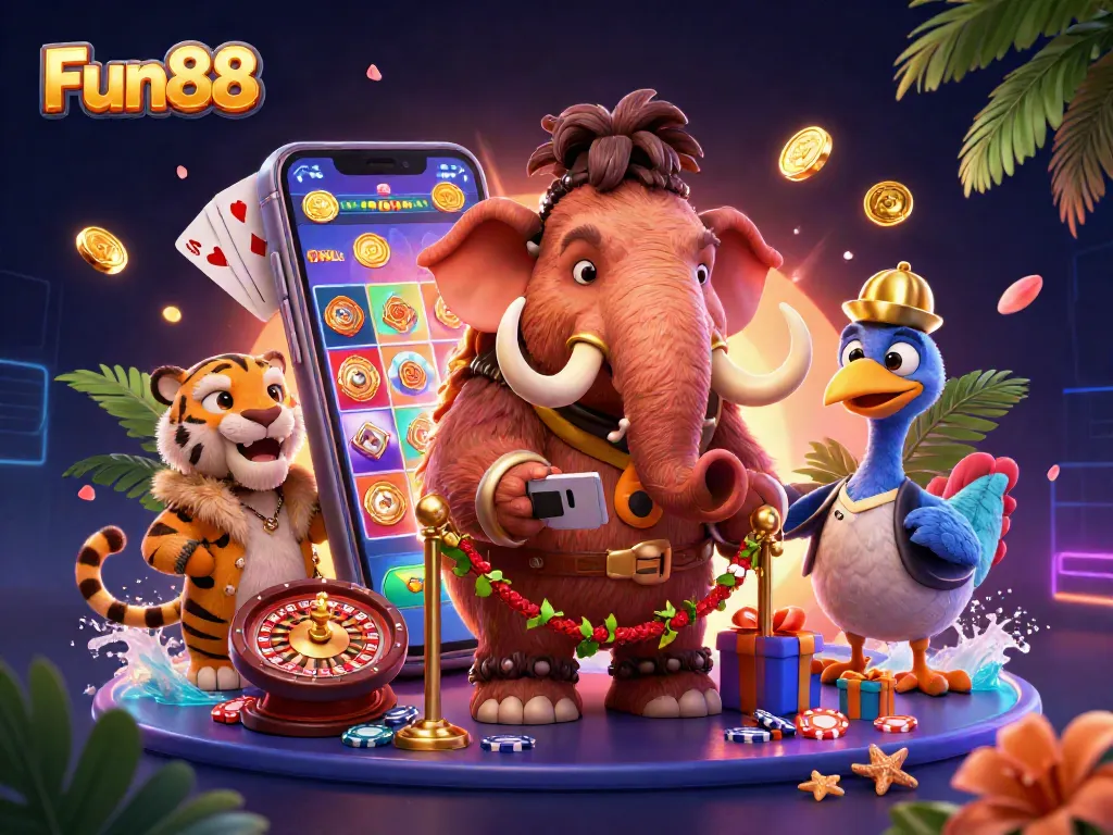 Fun88 bouncer checks IDs as a saber-tooth tiger arrives at the casino filled with vibrant gaming elements.