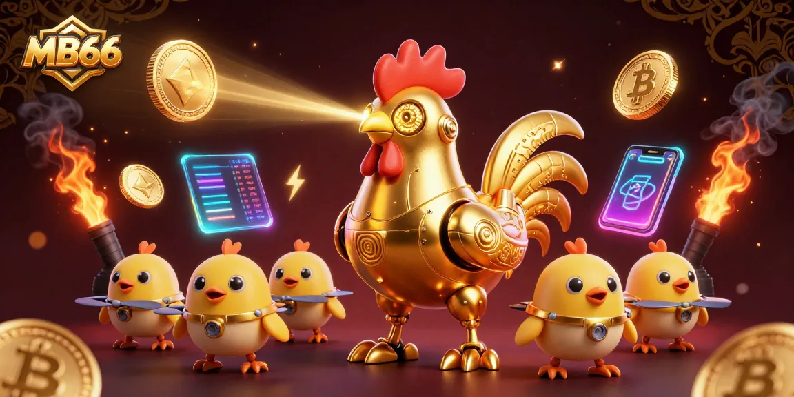 Engage in thrilling bets at MB66 with a golden rooster robot leading a vibrant crypto gaming adventure.