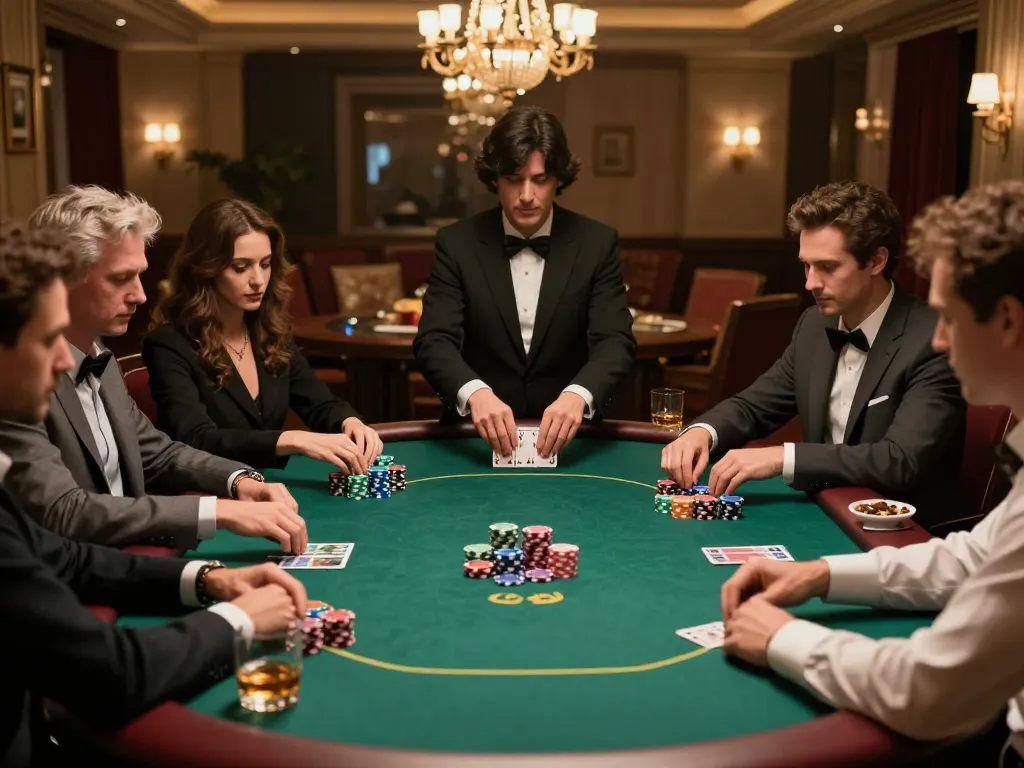 Players engaged in high-stakes poker at ee88's exclusive venue, emphasizing strategy and sophistication.