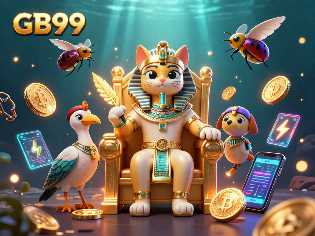 Engage with GB99's lively gaming scene featuring the Egyptian pharaoh cat and crypto elements.