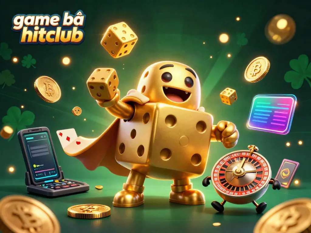 Experience thrilling game bài hitclub with golden dice and vibrant crypto elements in a fantastic casino setting.