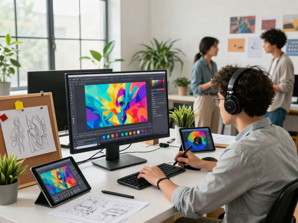 Designer using an ai image editor to create vibrant digital art in a modern workspace filled with inspiring decor.