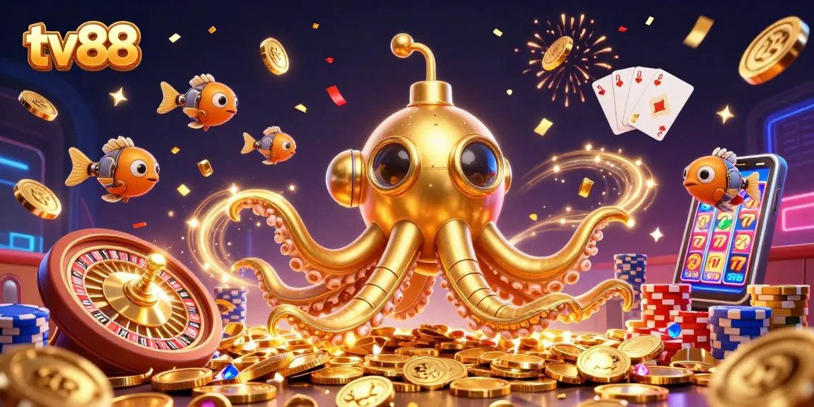 Experience thrilling gameplay at tv88 with a 3D golden kraken submarine amidst casino elements.