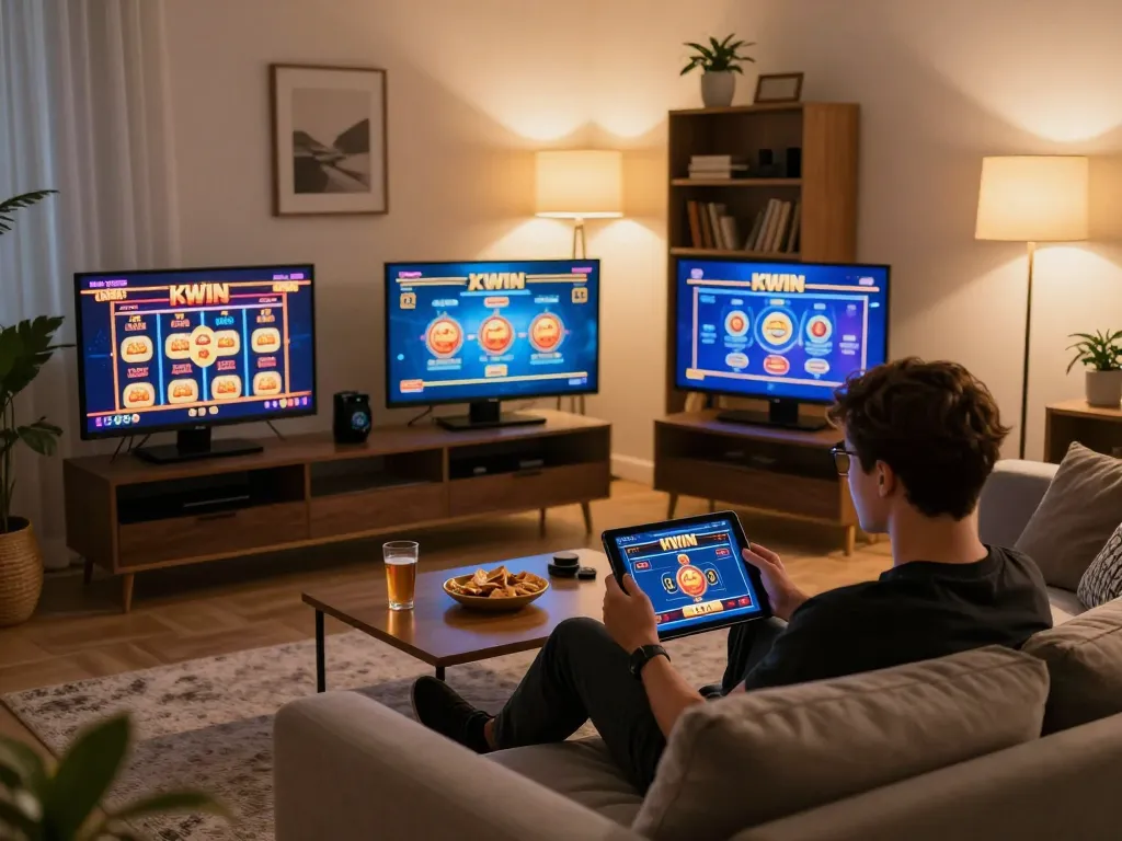 Kwin online gaming setup in a cozy home setting, person using tablet for strategic gambling.