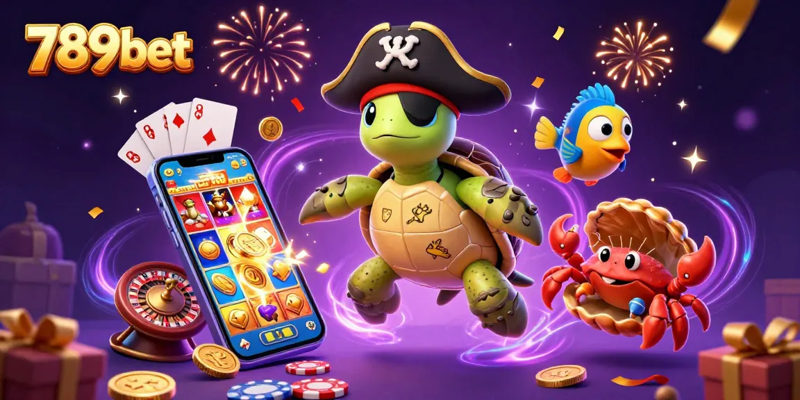 Engage in thrilling gameplay at 789bet with cartoon pirate turtle and treasure, showcasing vibrant casino elements.