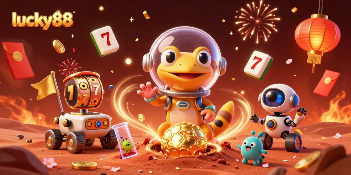 Spin the reels with lucky88 in this vibrant Martian casino adventure illustration.