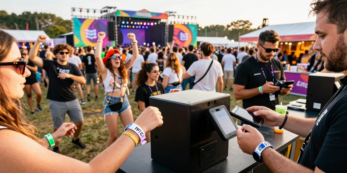Attendees with pulseras con chip para festivales enjoying seamless access control at a vibrant music festival.