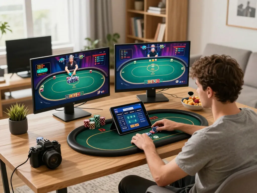 Engaged user playing online poker at home while using the Nhà cái 78WIN platform on multiple screens.