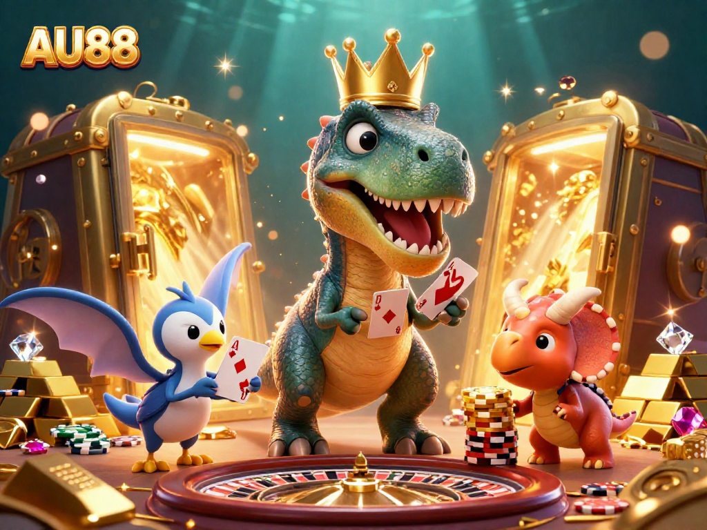 Experience the thrill of AU88 with T-Rex shuffling cards and winning big!