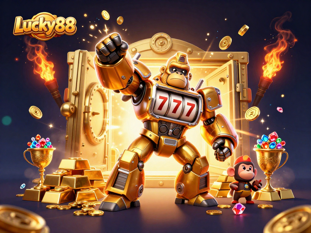 Engage with Lucky88's thrilling experience featuring a golden gorilla mech and vibrant casino elements.