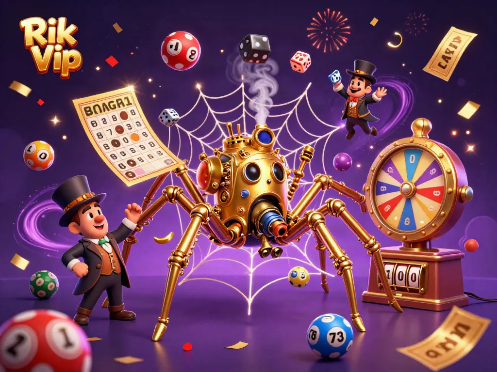 Experience exciting gambling with Rik Vip, featuring a dynamic 3D illustration of casino elements.