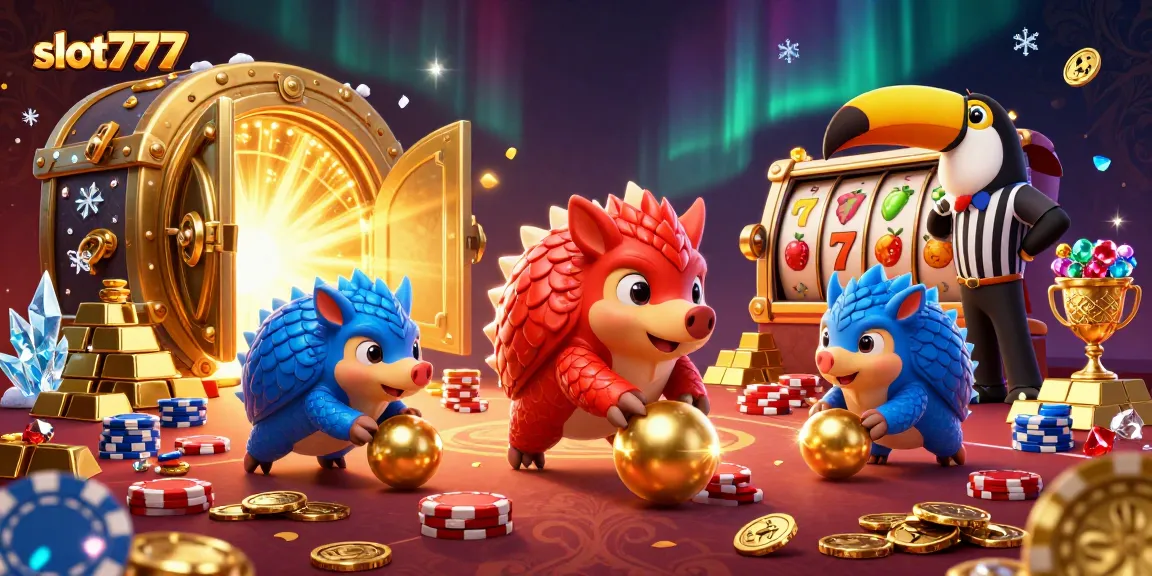 Engaging slot777 scene featuring colorful pangolins rolling into piles of poker chips, embodying the thrill of casino gaming.