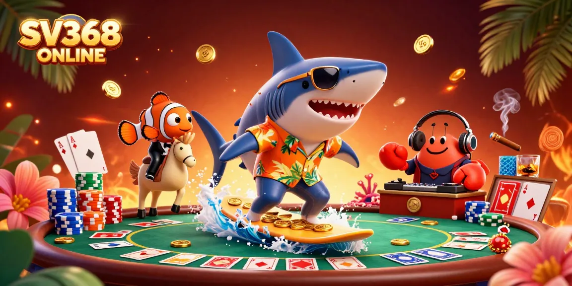 Experience SV368 ONLINE's vibrant gaming world with a shark-themed surfing scene showcasing dynamic casino elements.