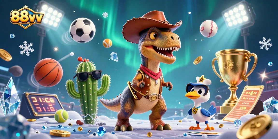 Engage with 88vv's dynamic gaming scene featuring a cowboy dinosaur and sports action.